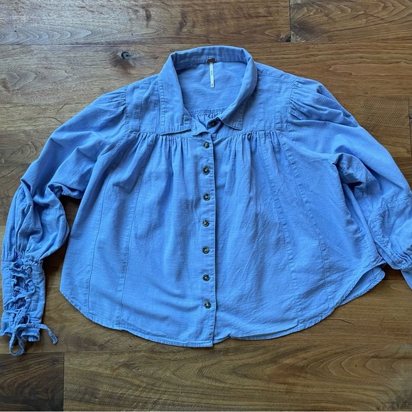 Free People Puff Long Sleeve Blue Button-Up Kiss Kiss Laced Cuff Blouse XS - Picture 6 of 15